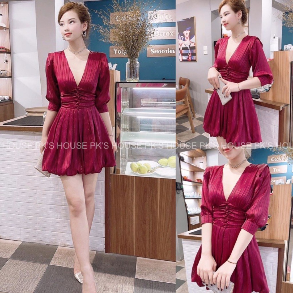 Váy Thiết Kế Dáng Xoè Ngắn Tay Lỡ Cổ V V1848, Đầm Thiết Kế Cao Cấp - PK Official | BigBuy360 - bigbuy360.vn