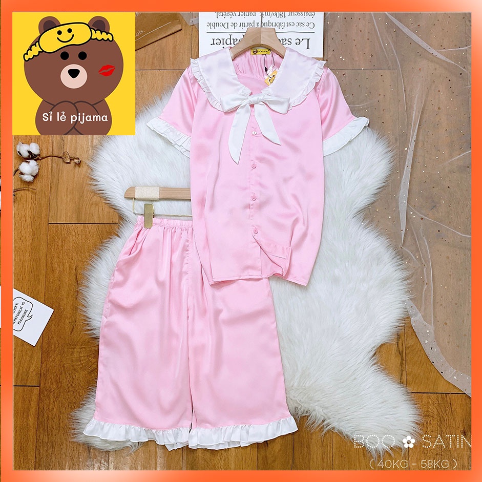 Đồ Bộ Pijama Satin Tay Ngắn Quần Lửng In Hình Dễ Thương Form Dưới 60KG