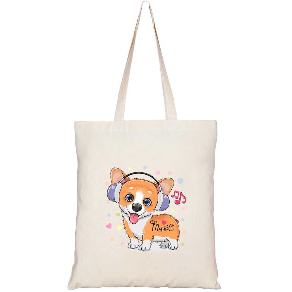 Túi vải tote canvas HTFashion in hình cute cartoon corgi dog headphones HT380