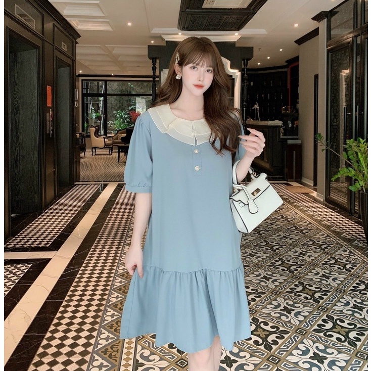Váy bầu xuông cổ sen thời trang thiết kế ngắn tay M516 vải cát hàn Mom and Baby