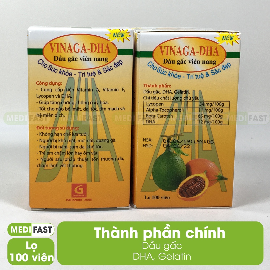 Dầu gấc viên nang Vinaga - DHA - Cho sức khỏe - Trí tuệ và Sắc đẹp - Lọ 100 viên