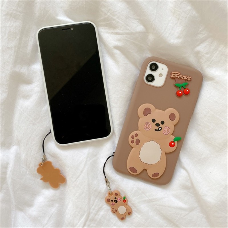 Ốp điện thoại dẻo có dây móc khóa Cartoon Bear Cherry cho Samsung Galaxy S21 S20 FE Note 20 Ultra S10 S9 Plus