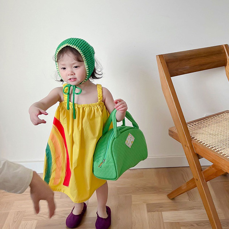 Đầm Chữ A Hai Dây Màu Vàng Cầu Vồng Phong Cách Phương Tây Thời Trang Mùa Hè Dành Cho Bé Gái
