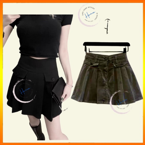 Chân Váy Ngắn Xếp Li Chất KaKi Mềm Cạp Cao Dáng Chữ A Túi Nắp Phía Trước Có Quần Trong Bảo Hộ Hanva