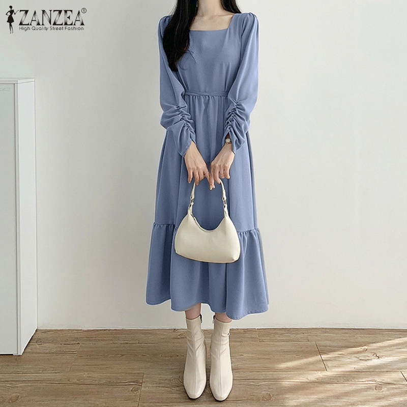 Váy maxi ZANZEA cổ vuông tay dài eo cao phối dây buộc phong cách Hàn Quốc thời trang đường phố cho nữ
