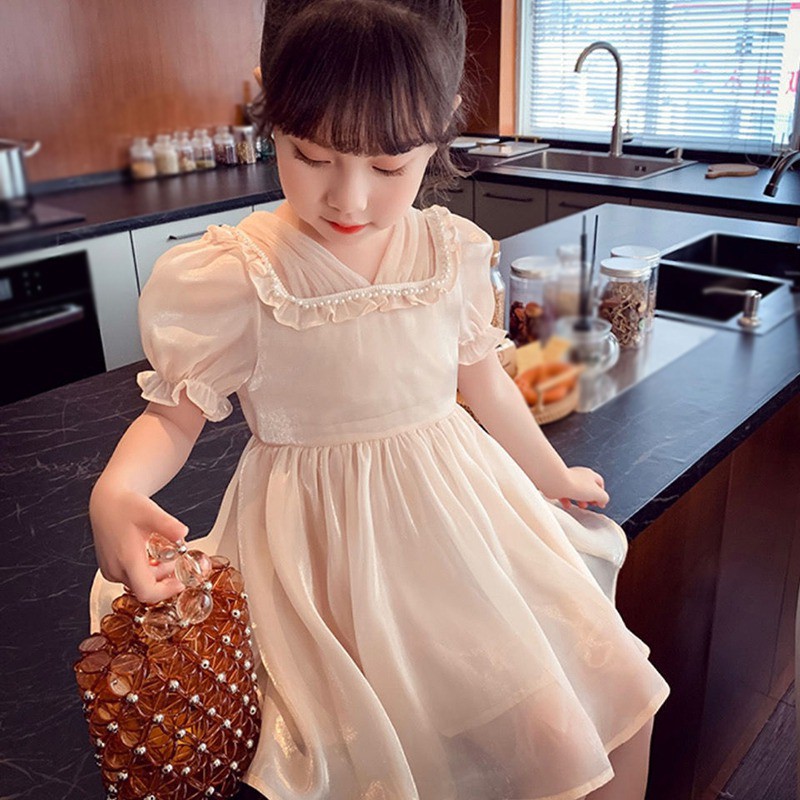 Girl Temperament French Bubble Sleeve Satin Streamer Princess Dress