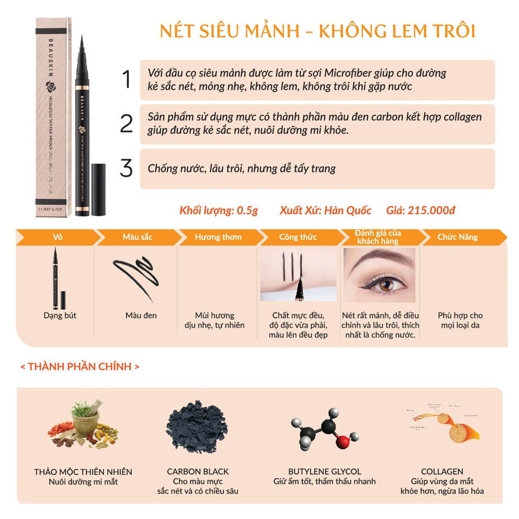 [Mã FMCGM50 - 8% đơn 250K] Bút kẻ mí mắt dạ nước dễ dùng Beauskin Rosedew 0.5g TẶNG chì mày beauskin 5g/cây | BigBuy360 - bigbuy360.vn