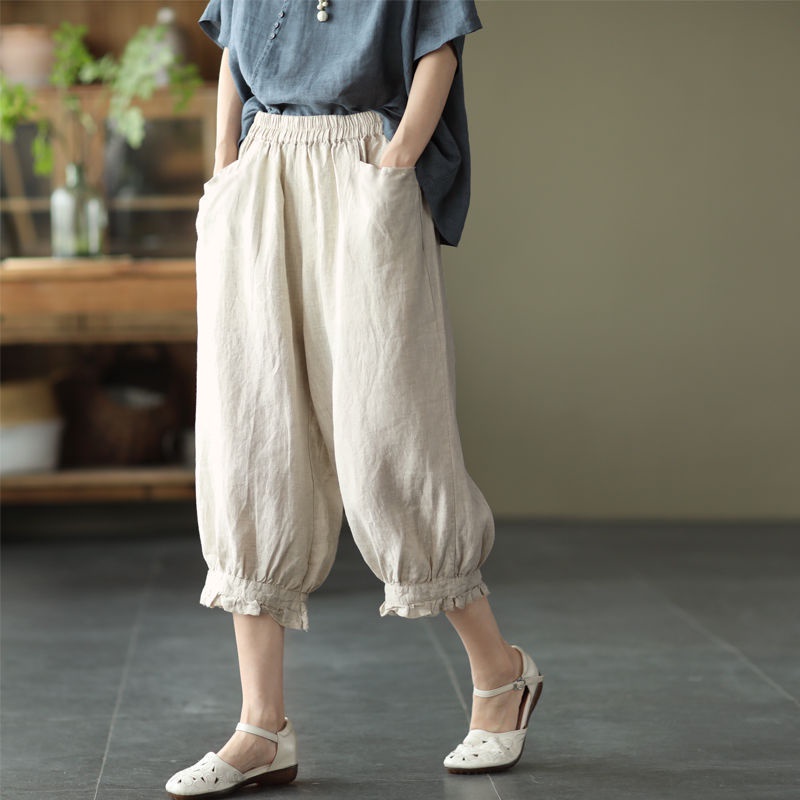Quần Cotton Lanh Màu Trơn Phong Cách Retro Mùa Hè Mới 2022