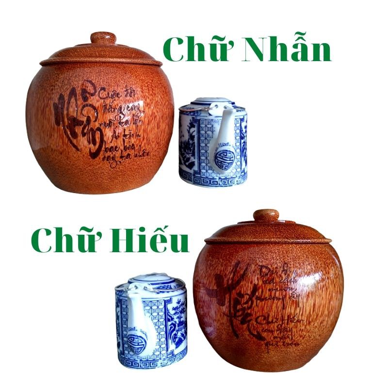 Bộ Bình Trà Gỗ Dừa Không Chân Gọn Đẹp Hoa Văn "Chữ Nhẫn"; "Chữ Hiếu" - Bình Trà 700 - 1200ml