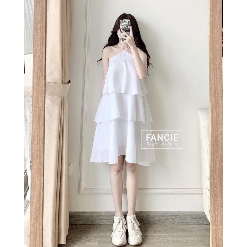 Đầm trắng cổ yếm xòe tầng chất voan lụa đầm dự tiệc sang trọng - 3 tầng voan