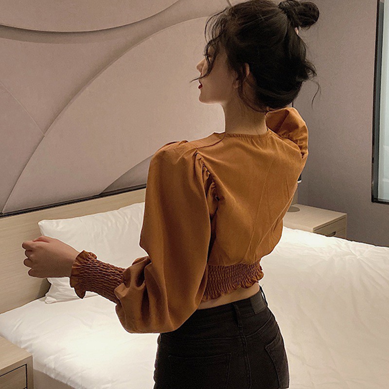 Áo kiểu dài tay cổ chữ V màu trơn gợi cảm cho nữ