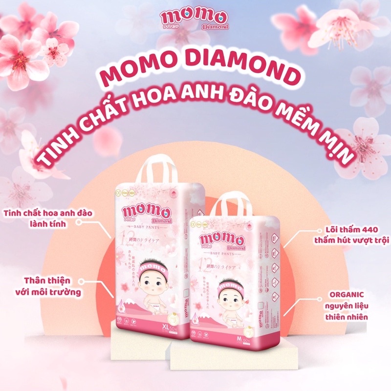 Tã/Bỉm Momo Diamond hoa anh đào cao cấp dán/quần đủ size S64, M62, M60, L54, XL50, XXL48, XXXL46