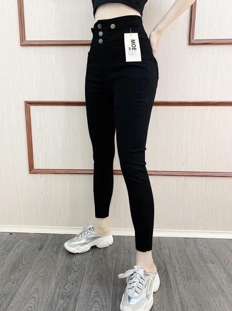 Quần bò cạp cao, quần jean hai cúc sườn M113 sẵn hai màu đen và xanh cực đẹp