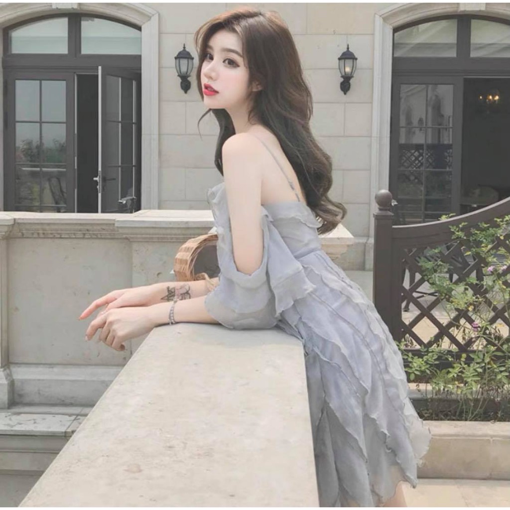 Đầm Tiểu Thư,Vay Tiểu Thư Trễ Vai Gợn Sóng Bồng Bềnh Xinh Xắn Cho Nữ
