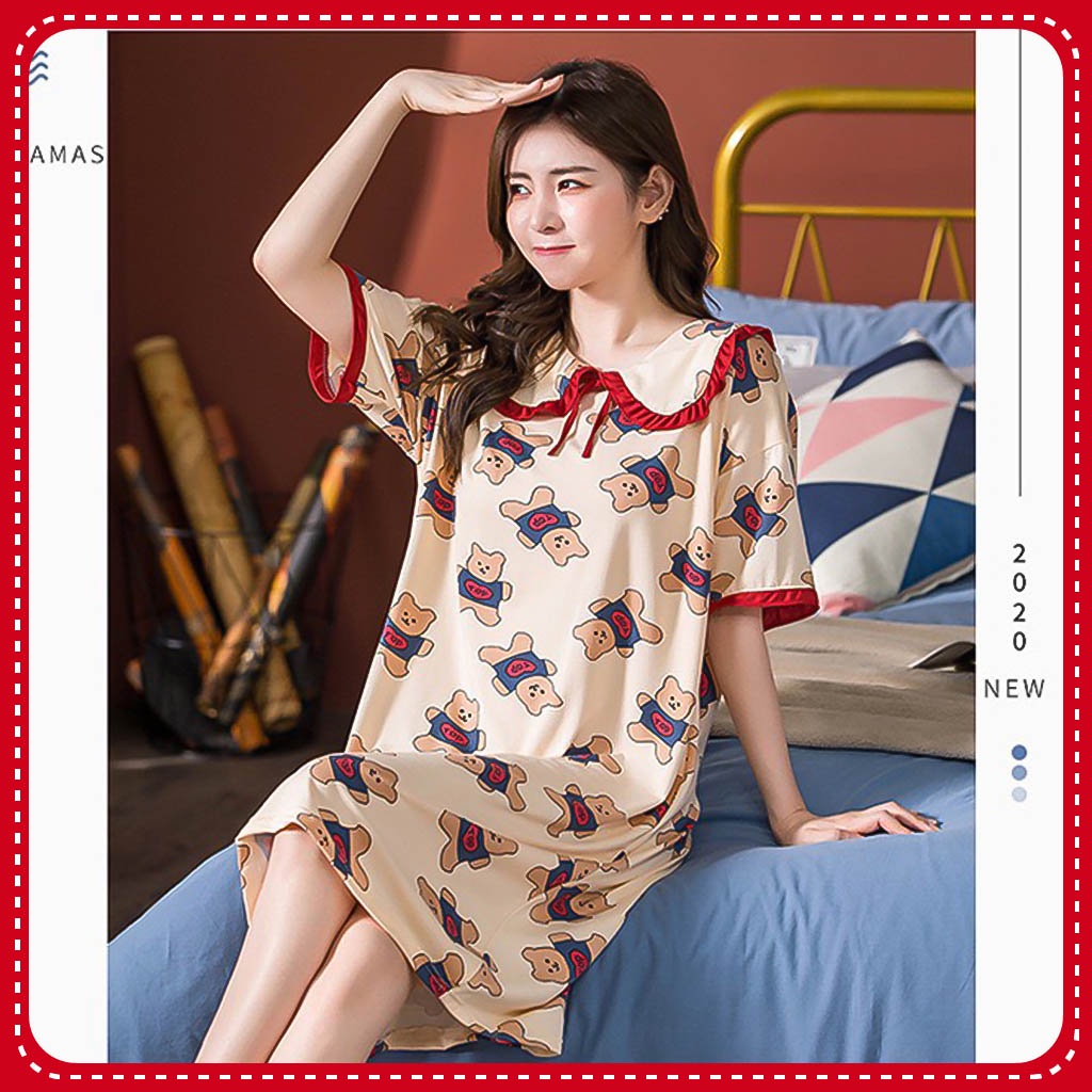 Váy ngủ, Đầm ngủ dễ thương ngắn tay Cổ bèo phong cách tiểu thư xinh xắn