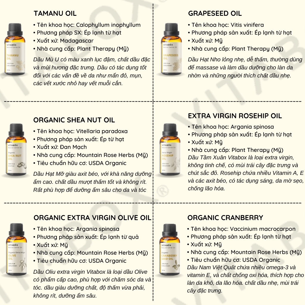 Dầu nền hữu cơ ép lạnh VITABOX Organic Carrier oil Argan Jojoba Avocado Grapeseed tinh dưỡng da mặt body tóc massage
