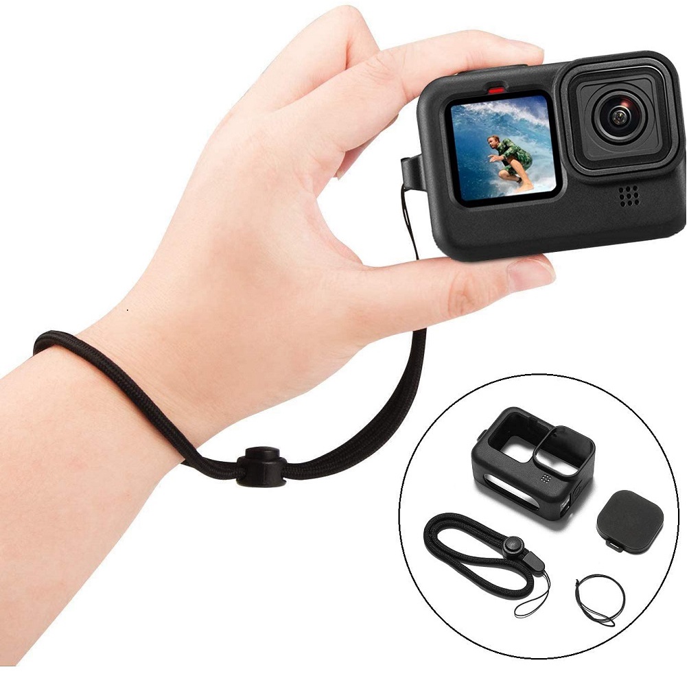 Vỏ bảo vệ silicon Lammcou màu đen có dây buộc và phụ kiện che ống kính dành cho GoPro Hero 10 Hero 9