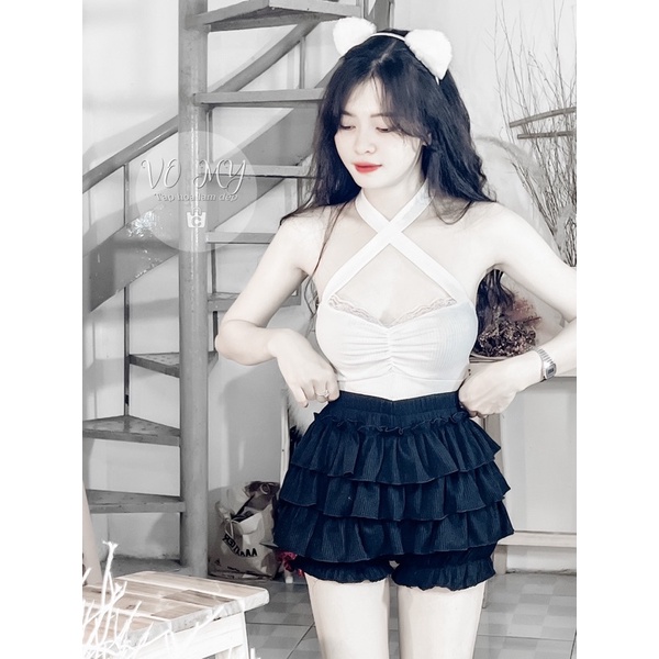 Set áo chéo dây viền ren phối cv tầng