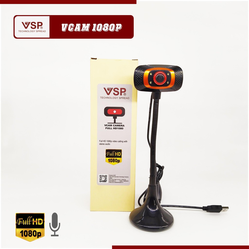 Webcam chân cao Vcam FullHD 1080P dùng cho máy tính PC - Laptop