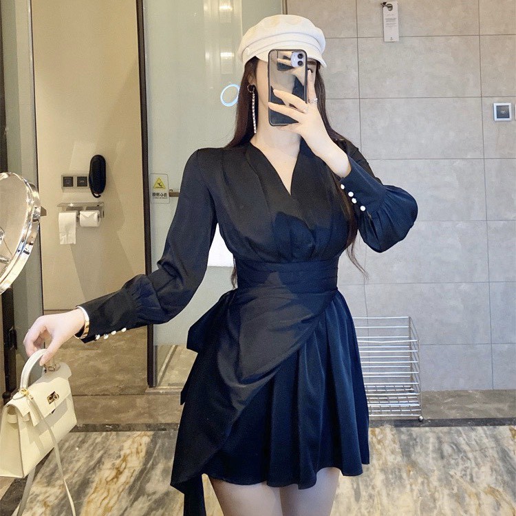 Váy Sơ Mi Tay Dài Vạt Chéo Thắt Eo LSEOUL V0975 Chất Dày Dặn Sang Trọng Kiêu Sa