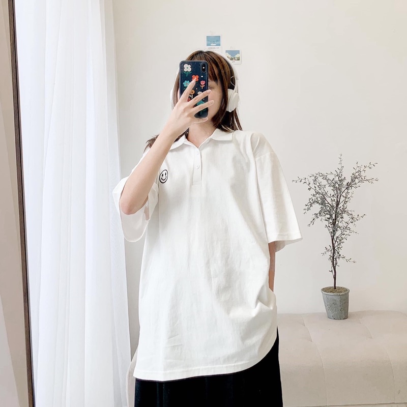 Áo thun polo cổ bẻ thêu mặt cười dáng suông nam nữ
