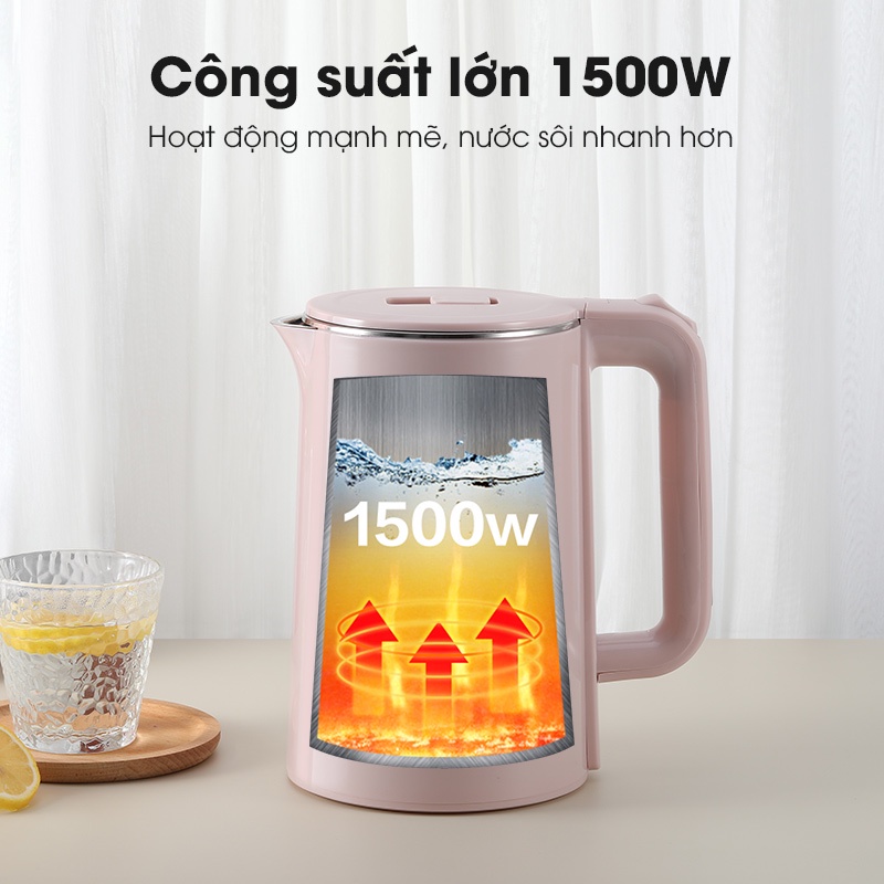 (BH 1 Năm)Ấm siêu tốc thông minh 2L 1500W, bình đun nước nhanh với inox304 cao cấp, 2 lớp chống nhiệt, dễ vệ sinh