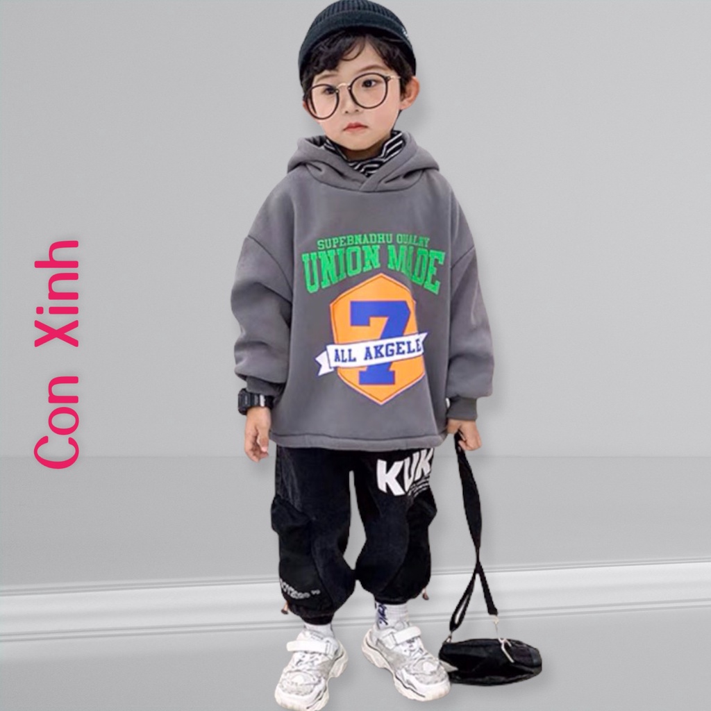 Áo hoodie unisex CONXINH form rộng nỉ nam nữ Số 7 Akgeles,thời trang thu đông cho trẻ em từ 4 đến 10 tuổi