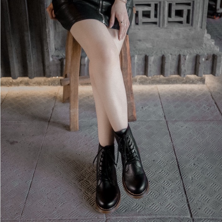 Giày Bốt Martin Ulzzang, Bốt Chiến Binh Da Nữ Cổ Cao Đế Độn 3cm Phong Cách Vintage, Hàn Quốc - Iclassy_shoes