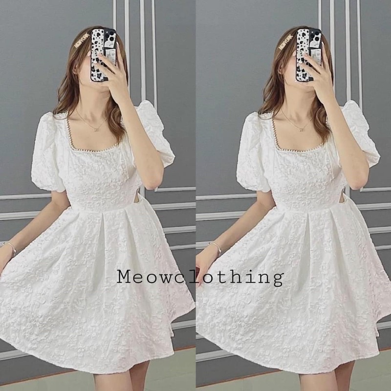 ĐẦM GẤM XỐP TAY PHỒNG CỔ VUÔNG REN TRẮNG