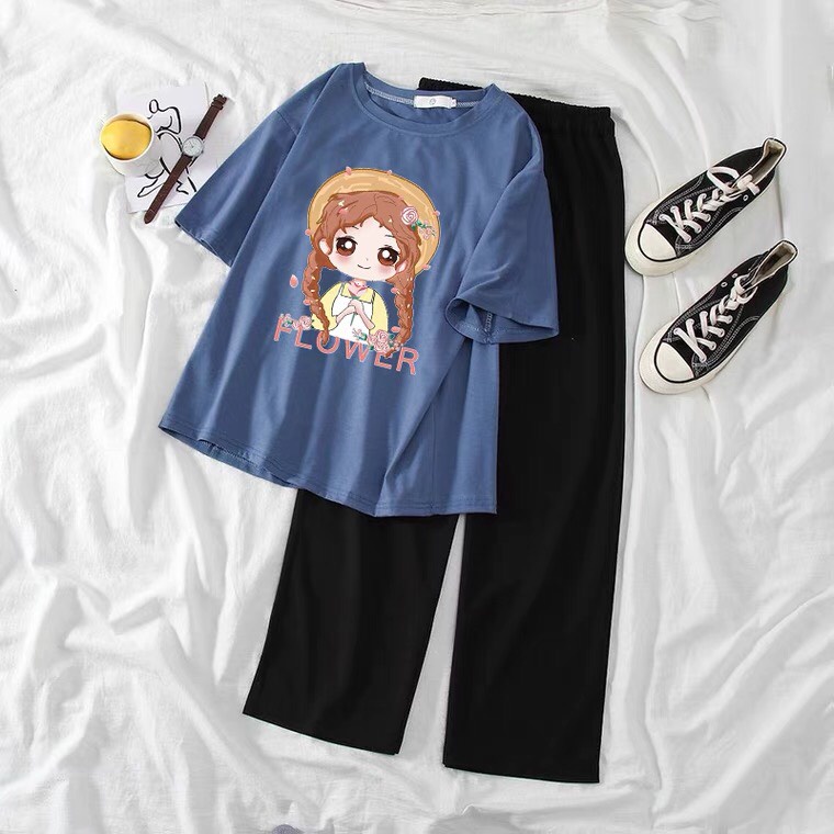 Sét Áo Flower + quần suông trơn, Áo thun from rộng, Chất đẹp không xù, quần suông ống rộng, Sét bộ mặc ở nhà - MODY