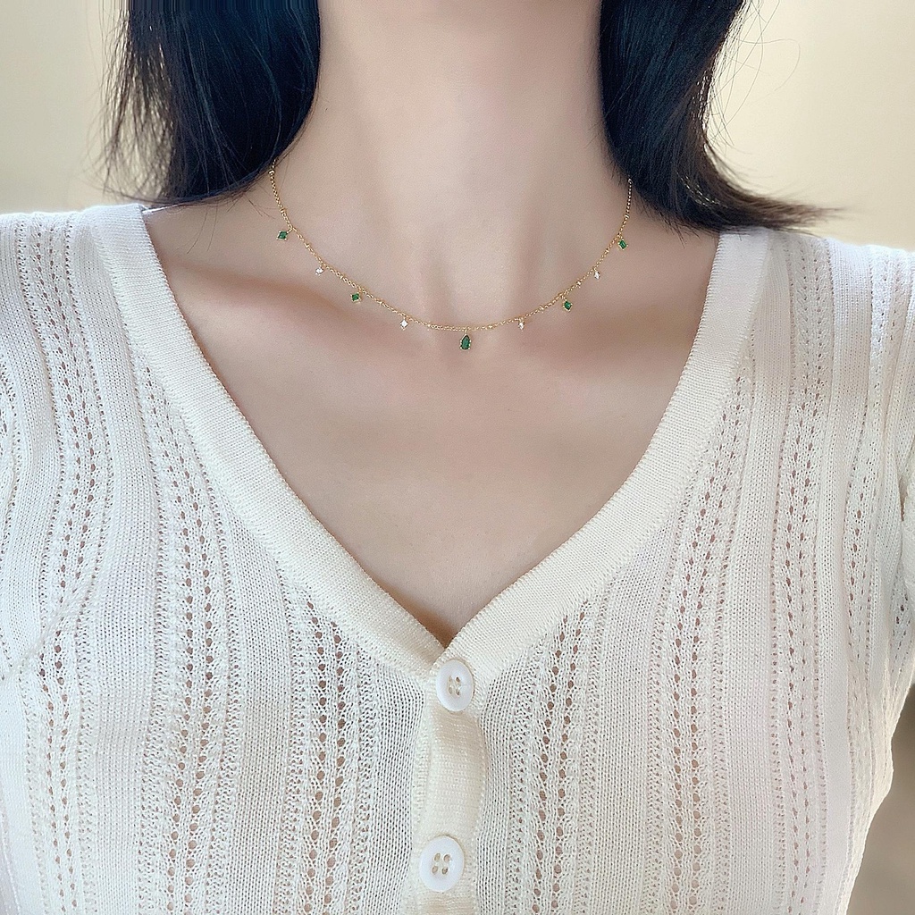 Vòng Cổ Choker Bằng Đồng Đính Đá Zircon Màu Xanh Lá Đơn Giản Tinh Tế Thời Trang Cho Nữ