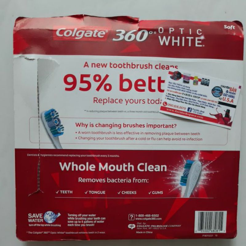 BỘ 4 CÂY BÀN CHẢI ĐÁNH RĂNG COLGATE 360 OPTIC WHITE TỪ MỸ. MEDIUM lông bàn chải mềm.