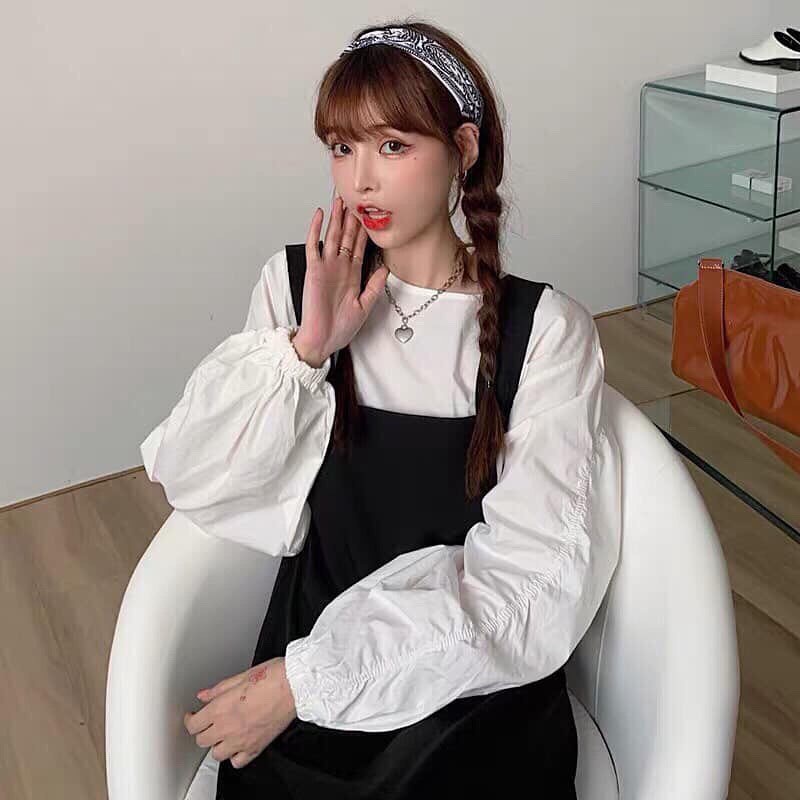 SV006 Bộ yếm kaki đen và áo sơ mi trắng tay bồng tiểu thư nữ tính, bộ váy hai dây dài suông và áo chất đũi cute babydoll | BigBuy360 - bigbuy360.vn