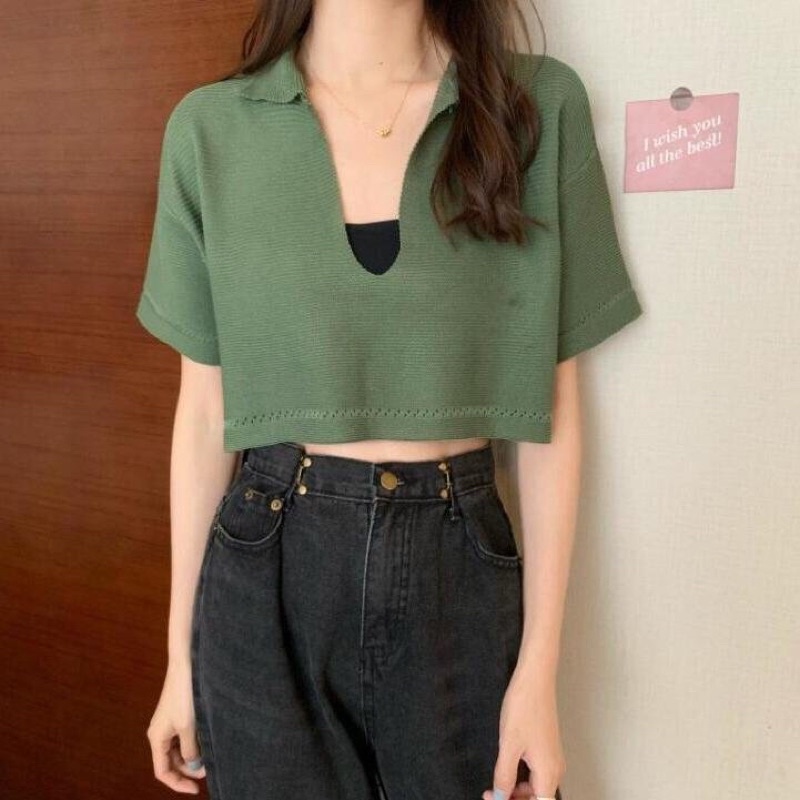 Áo len croptop cộc tay cổ bẻ dáng thụng