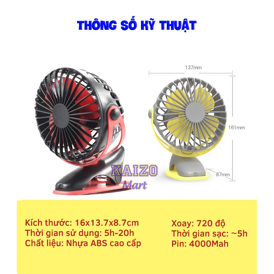Quạt tích điện mini cầm tay để bàn - Mini fan quạt cho bé dùng pin tối đa đến 15h kẹp xoay 720 độ - Mianz Store