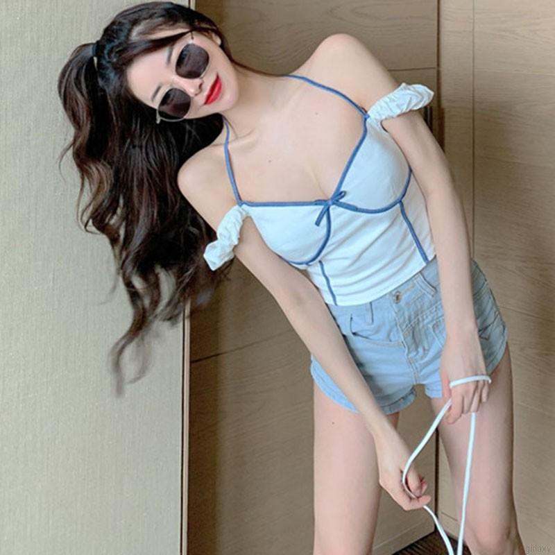 Áo tay ngắn cổ chữ V kiểu hở rốn quyến rũ thời trang phong cách Hàn Quốc cho nữ