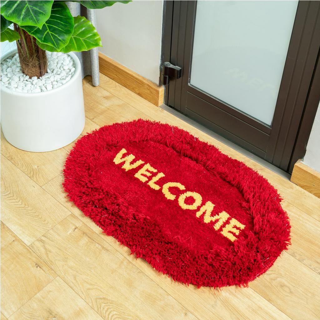 Thảm lau chân, chùi chân KAQI thêu chữ Welcome hình bầu dục, vải mềm mại, chống trơn trượt, thấm hút nước tốt