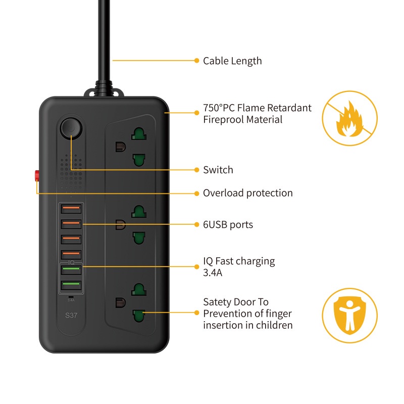 Ổ điện thông minh, ổ cắm điện đa năng nhiều cổng usb IQ sạc nhanh chịu tải 3000W