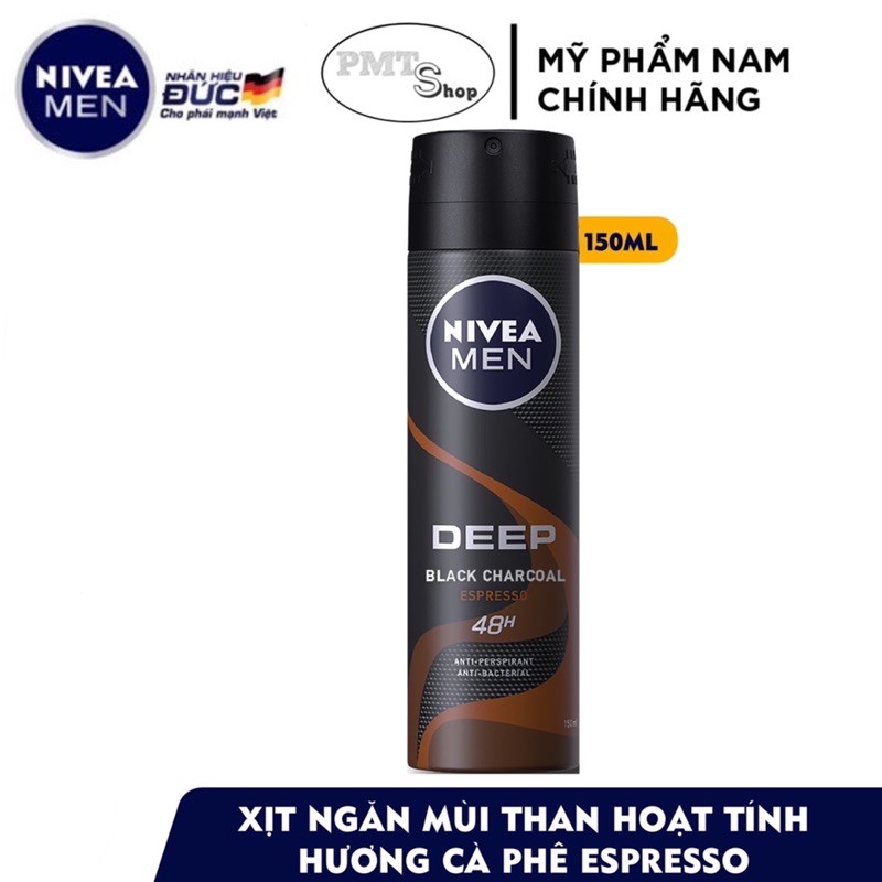 Xịt ngăn mùi toàn thân nam Nivea men Deep 150ml Dry &amp; Clean Feel Black carbon Amazon Espresso- Than đen hoạt tính