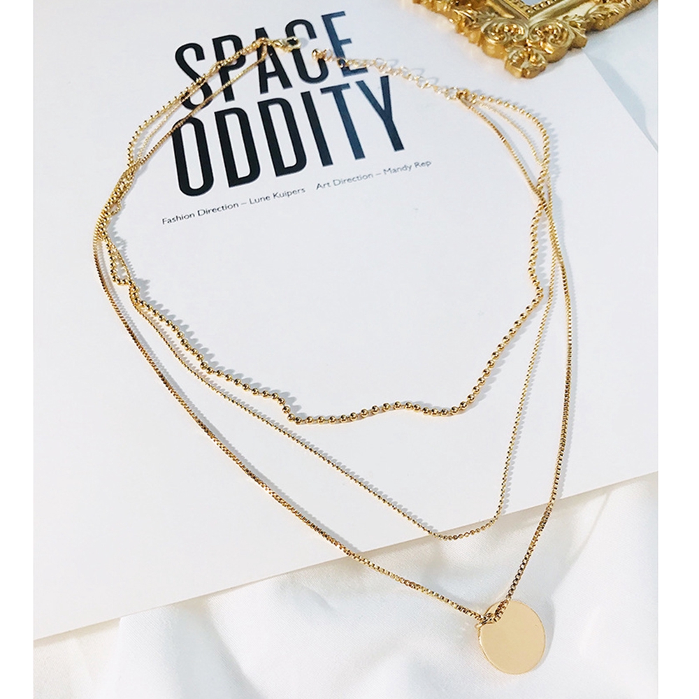 Vòng cổ kim loại 3 lớp mặt hình tròn phong cách Hàn Quốc thời trang