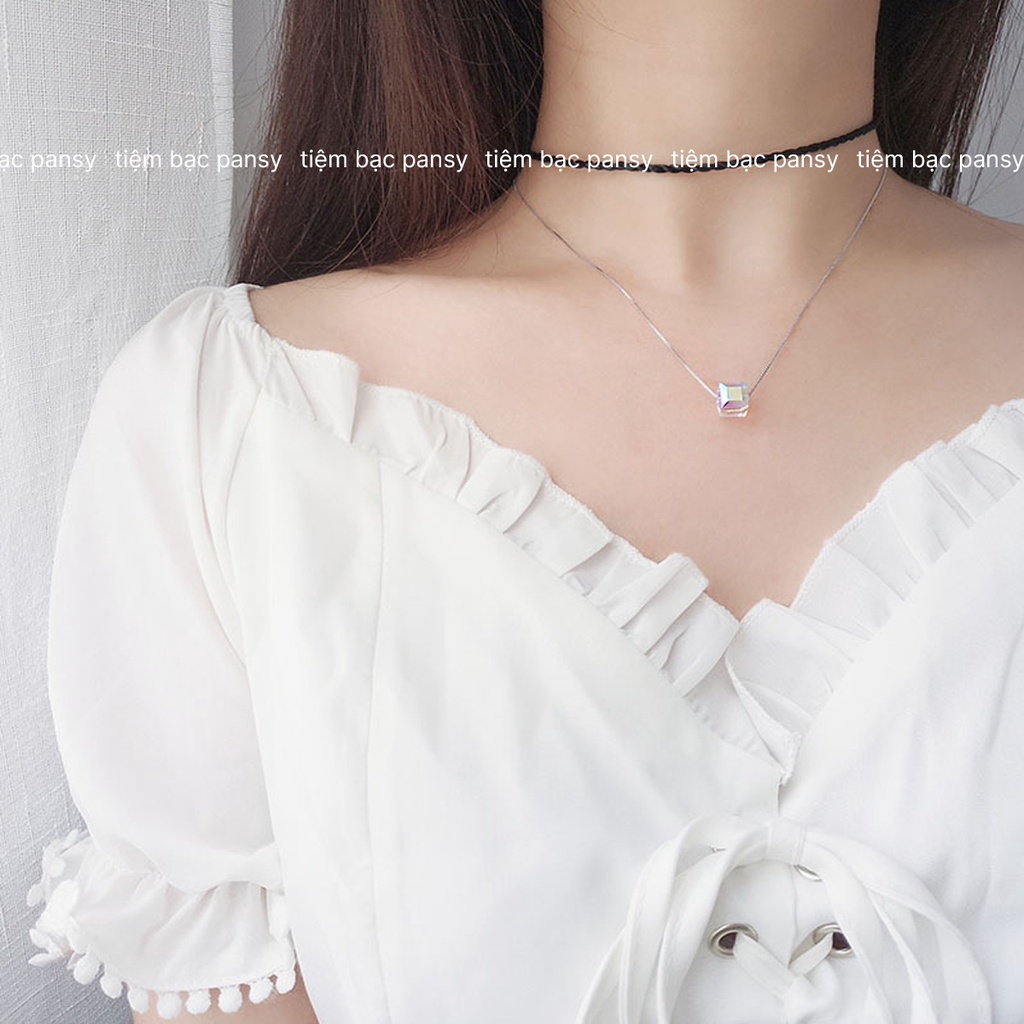 Dây chuyền bạc nữ PANSY khối pha lê lập phương sang trọng, vòng cổ nữ bạc lấp lánh nhiều màu