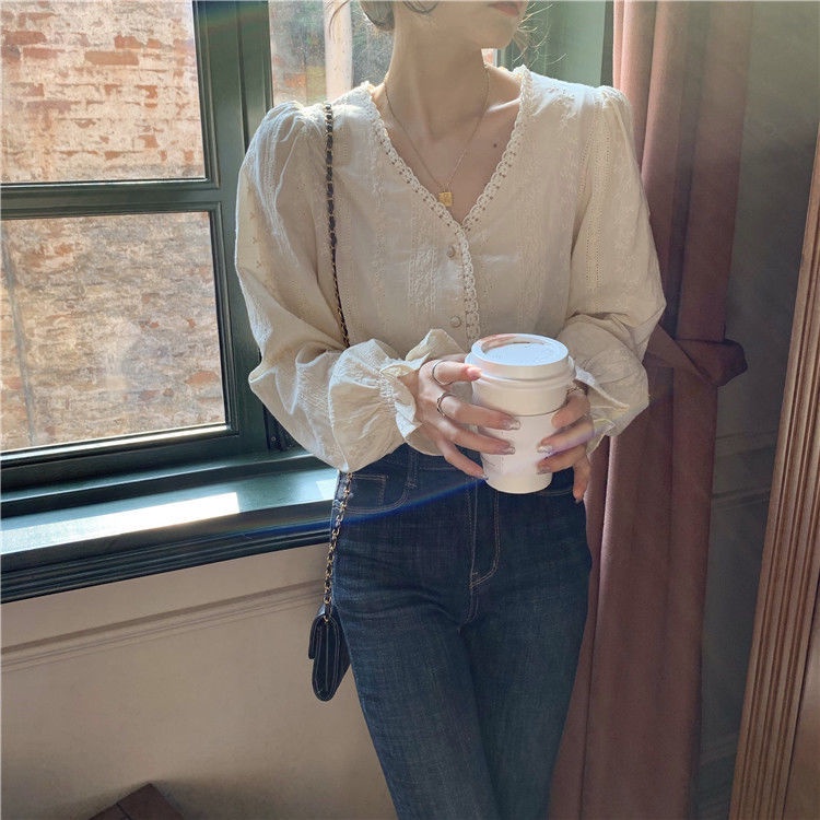 Áo sơ mi tay dài phồng phong cách Hàn Quốc thanh lịch dành cho nữ