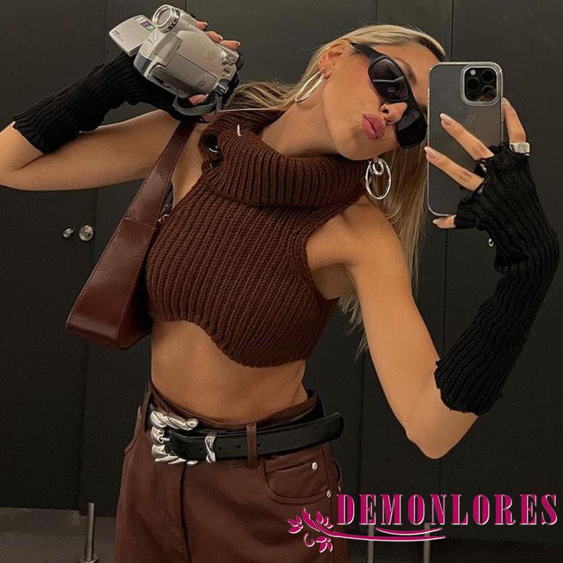 Áo Croptop Dệt Kim Sát Nách Cổ Cao Thời Trang Mùa Hè Cho Nữ