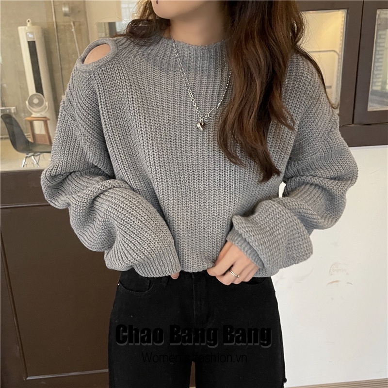 Áo sweater tay dài khoét vai dáng ngắn phong cách Hàn Quốc cho nữ