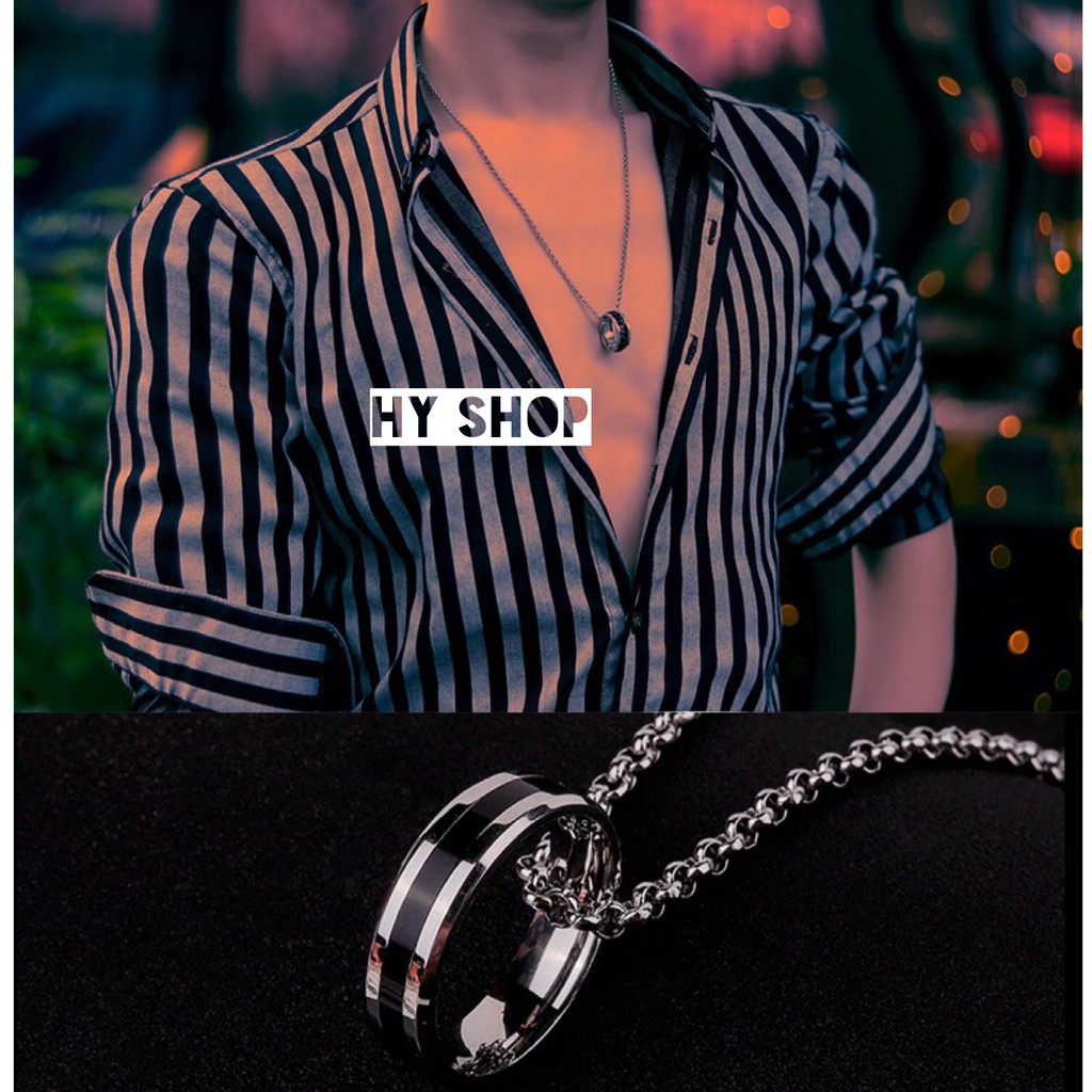 Dây chuyền titan phối nhẫn khảm kim đen cá tính - vòng cổ titan nam nữ siêu bền không gỉ unisex BTS