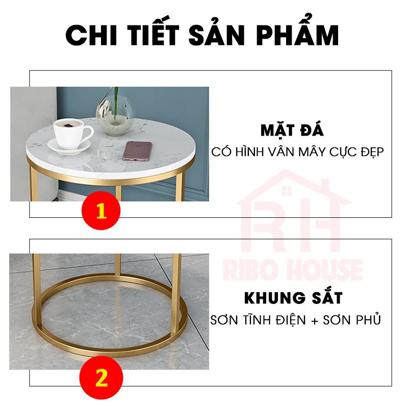 Bàn trà tròn RIBO HOUSE mặt bàn đá có hình vân đá, kệ trang trí phòng khách, spa, nails, cà phê mẫu 1 RIBO91