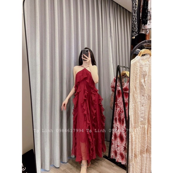 Đầm maxi dáng dài cổ yếm rớt vai bèo, váy maxi đi biển
