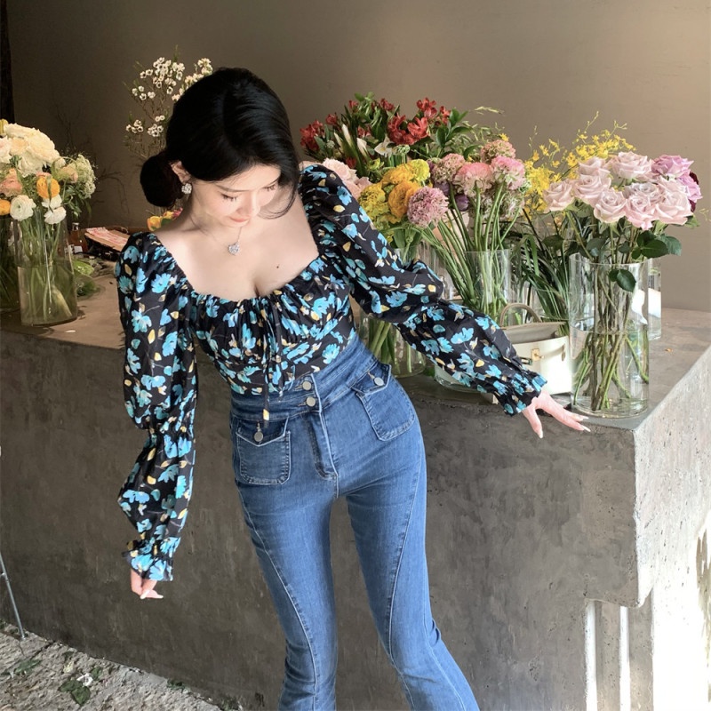 Áo Croptop Tay Dài Hoạ Tiết Hoa Thời Trang Mùa Hè Cho Phái Nữ