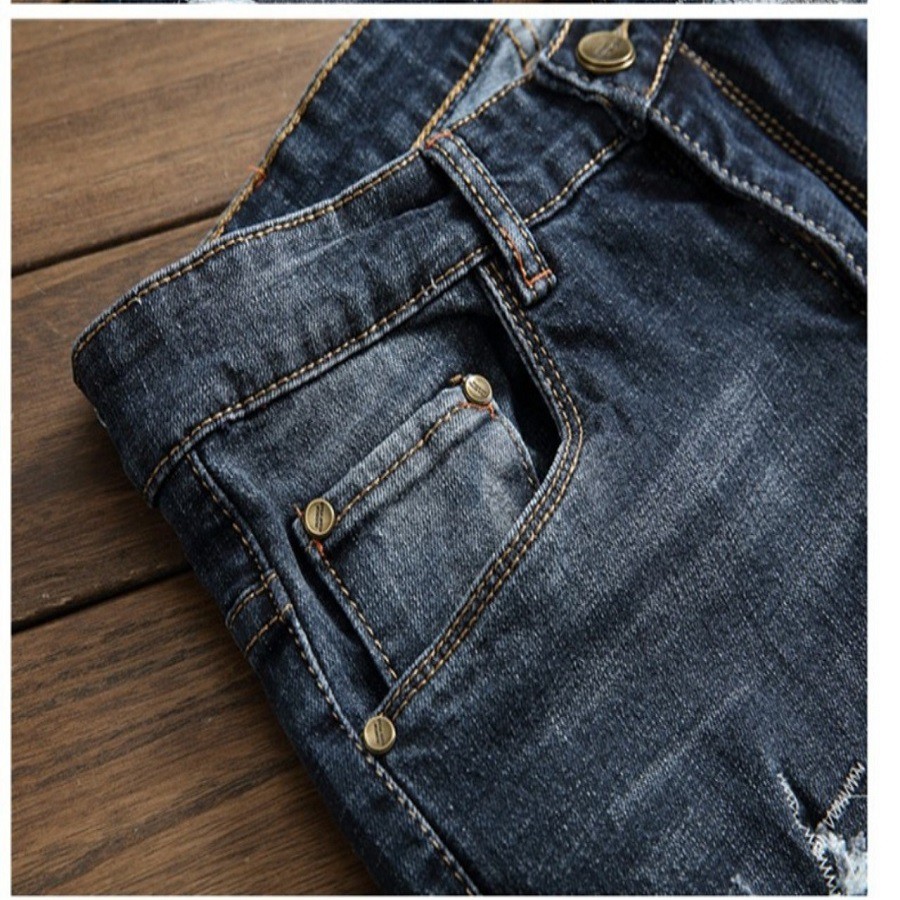 Quần Jeans Nam ống suông rách chắp vá thời thượng phong cách cá tính