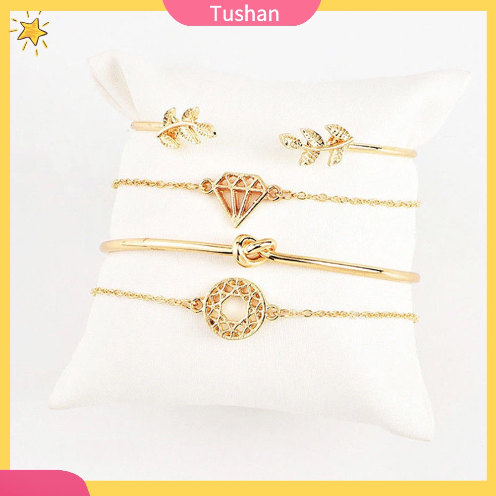 TUSH_4Pcs/Set Boho Women Leaf Knot Hollow Crystal Open Bangle Bracelet Jewelry Decor